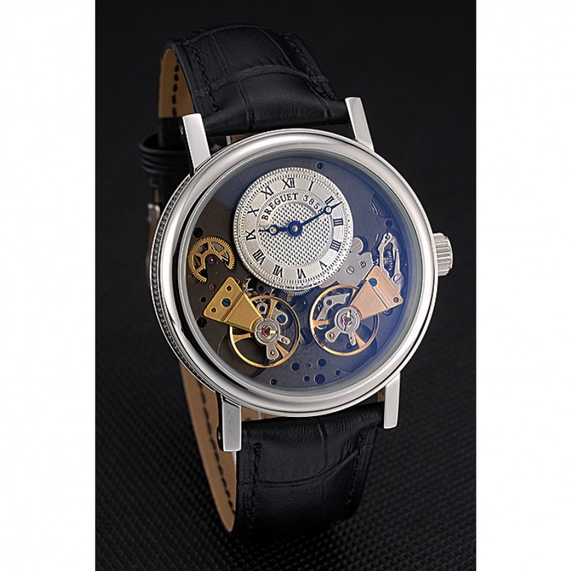 Breguet Tourbillon Duo caso de plata esfera blanca pulsera de