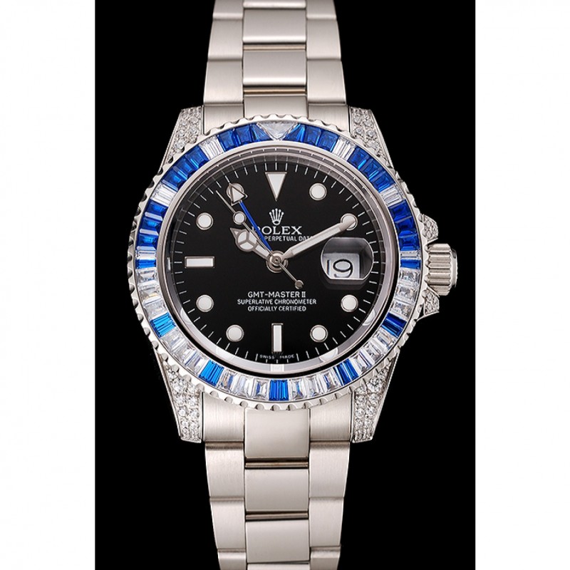 Rolex GMT Master II Dial Negro Bisel con piedras engastadas caja